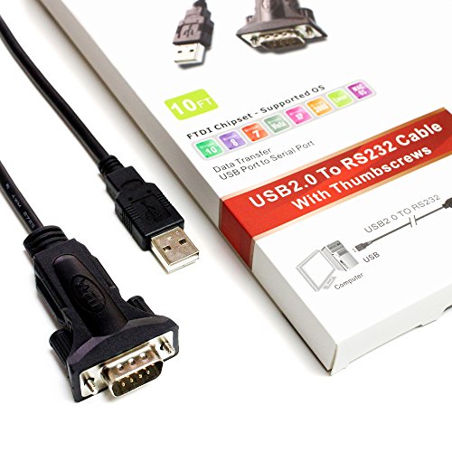 Tera Grand Premium USB 2.0 to RS232 Serial DB9 10 Ft. Adapter Cable - Supports Windows 10, 8, 7, Vista, XP, 2000, 98, Linux and Mac - Built with FTDI Chipset and Thumbscrews