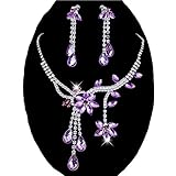 Chunlin Wedding Bridal Flower Leaf Rhinestone Crystal Necklace Drop Earrings Jewelry Set (Purple)