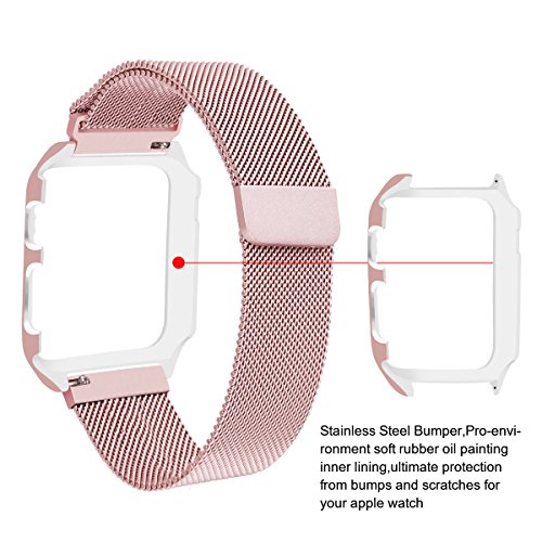 LikeItY Apple Watch Band Milanese Loop,Likeity Stainless Steel Magnetic Band With Metal Case For Apple Watch Series 1/2 - Shockproof Protective Bumper Replacement Strap(38mm Rose Gold)