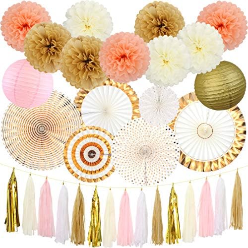 Engagement Party Decorations Paper Pom Poms Tissue Flowers Party Decoration Lanterns Garland for Bridal Baby Shower Birthday Party Wall Decorations (Gold)