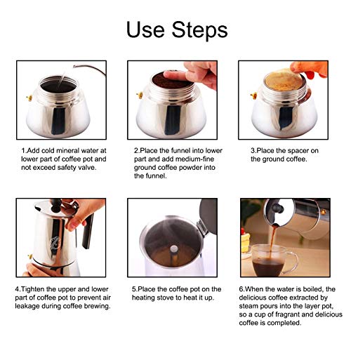 Foliner Espressokanne, Edelstahl Mokkakanne, Für Alle Elektroherde, Edelstahl 304, Espressokocher Für Induktion 4-6… – Bild 4