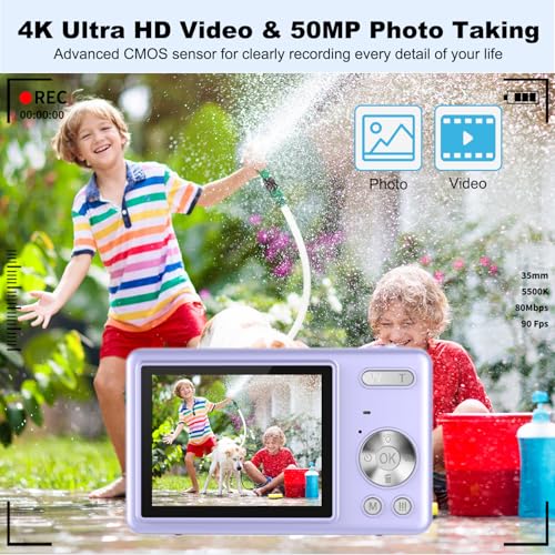 Digital Camera, 4K Autofocus 50MP Child Camera, 16X Zoom, Flash, Anti-Shake, Portable Compact Digital Cameras Small Ready to Shooter for Kids Adults Beginners