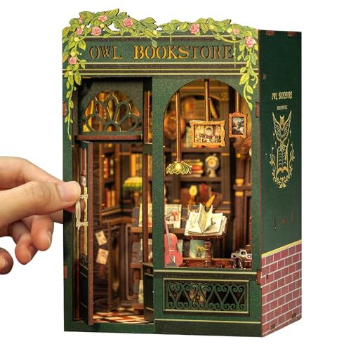 CUTEBEE Book Nook Kit, DIY Miniature House Kits for Adult and Teens, Bookend Diorama with LED, 3D Wooden Puzzle, Mini Booknook Bookshelf Insert Decor, Crafts Hobbies Gifts for Adults（Owl Bookstore