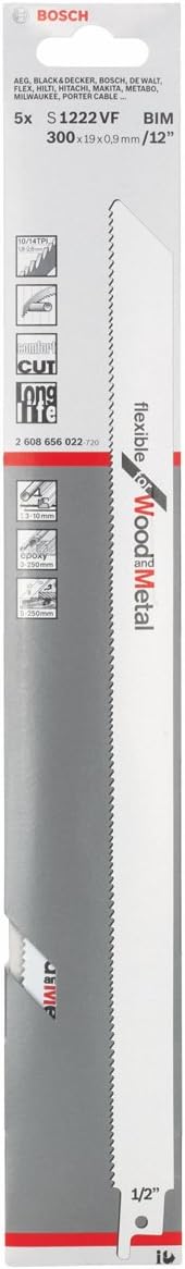 Bosch Professional 5 pieces Sabre Saw Blade S 1222 VF Flexible for Wood and Metal (Length 300 mm, sabre saw accessories)