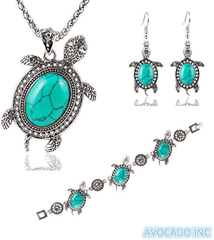 AVOCADO Women's Turquise Embedded Tortoise Pendant Necklace Earrings Bracelet Jewelry Set Tibetan Silver