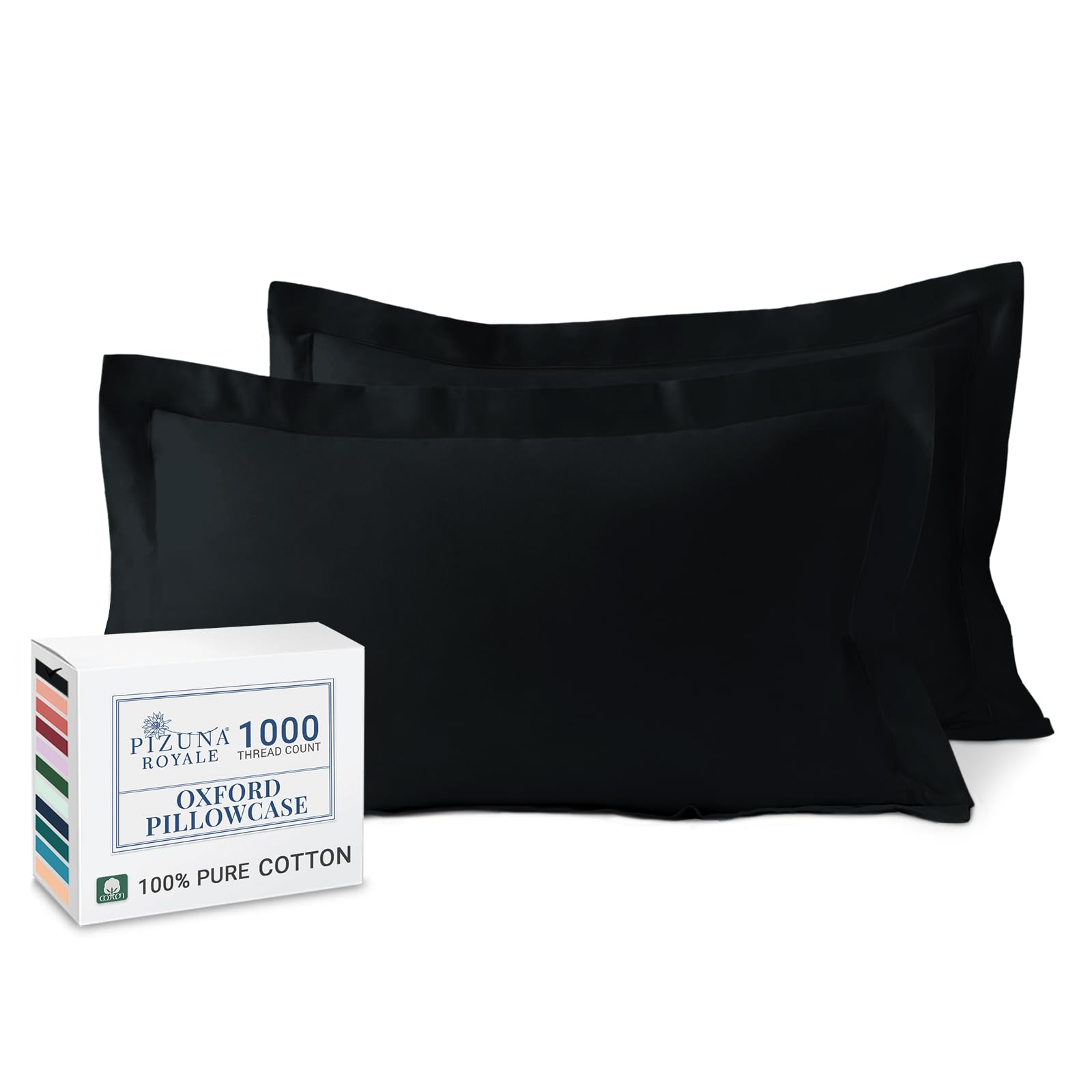 Pizuna Luxurios Cotton Pillow Cases 2 Pack Black 50x75cm, 1000 Thread Count Long Staple Combed Cotton Thick Pillow Cover, Soft Sateen Oxford Pillow Cases (100% Cotton Pillowcase Pack of 2)
