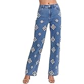TACSTRUN Women's High Waisted Wide Leg Jeans Trendy Stretch Pearl Floral Openwork Embellished Denim Pants