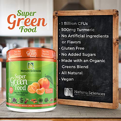 100% Natural Greens Powder, Over 10 Hard to Get Superfoods, Greens Supplement Powder 1 Month's Supply, Green Organic Blend with 1 Billion CFU Probiotics and 500mg Turmeric, Tangerine Flavor, 30 Svgs.