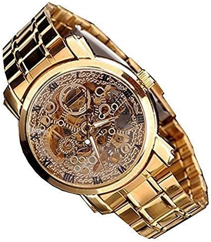KitMax (TM) Rose Gold Plated Stainless Steel Band Skeleton Transparent Mechanical Business Luxury Men Wrist Watch