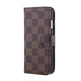 iPhone 7 Plus, Case Wallet Luxury Grid Checker Faux Leather Fashion Designer Magnet Flip Case Skin Cover Stand With Card holder(Brown)