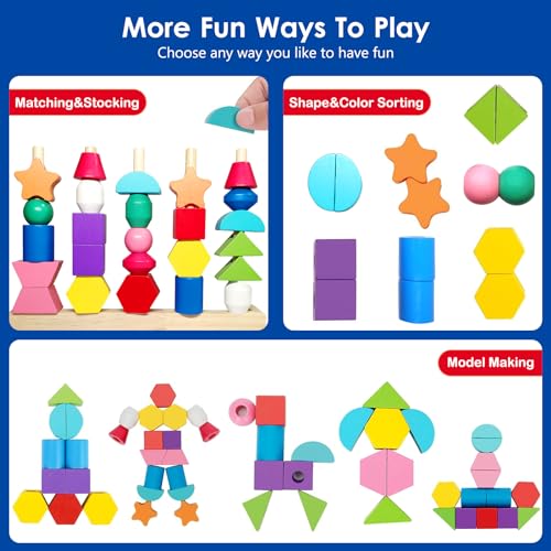 Chithor Montessori Games 3 in 1 Wooden Lacing Beads Toys, Stackable, Thread Toy, Sorting Toys, Activity Child Educational Game, Child Toy Gift Girl Boy 2 3 4 5 Years Old