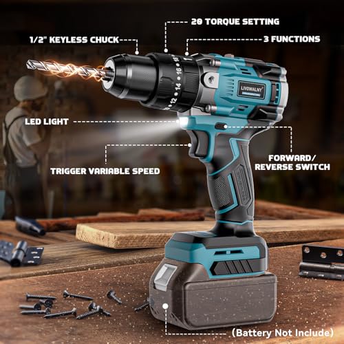 LIVOWALNY 90Nm Taladro Percutor a Bateria, Atornillador Electrico Compatible con Makita 18V, Caja de Cambios de 2 Velocidades y 21 Niveles de par, Para Reformas（Solo Herramientas）-Azul Marino
