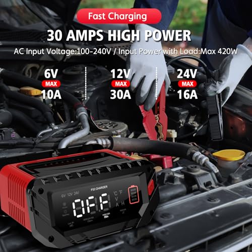 YHCHKJ 30 Amp 6V/12V/24V Smart Trickle Charger, Car Battery Charger, Lithium, Lifepo4, Lead Acid (AGM/Gel/SLA) Battery Maintainer, Desulfurizer for Car, Boat, Motorcycle, Lawn Mowers