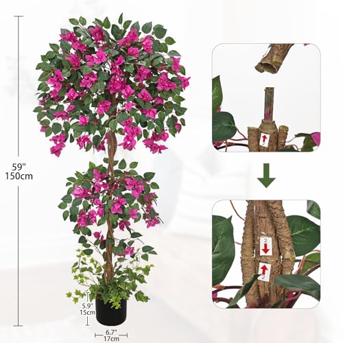 Villa Como 150cm Artificial Bougainvillea Tree with Flowers in Pot, 5FT Faux Blooming Tree for Indoor Outdoor Home Office Patio Balcony Wedding Decoration