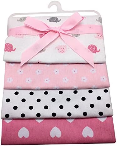 Wingkids Newborn Swaddling Blankets 4 Pack Ultra Soft 100% Cotton Bedclothes for Baby, 4 Patterns Swaddle Blankets Baby Bed Sheet Receiving Blankets 30"x 30" (Elephant and Sweetheart)