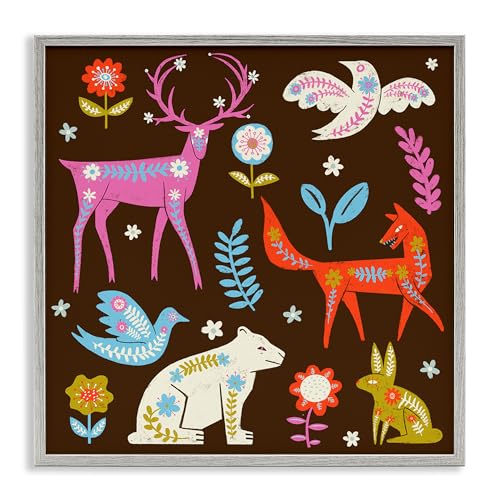 Stupell Industries Forest Folk Animals with Florals Gray Framed Giclee Art, des…