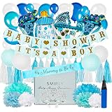 Baby Shower Decorations for Boy Kit: Blue, White, and Champagne Gold Party Decor - Its A Boy Banner, Balloons, Tissue Paper Pom Poms and Hanging Lantern Decoration Bundle - Includes Sash and Tiara