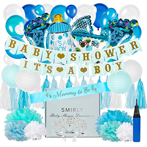 Baby Shower Decorations for Boy Kit: Blue, White, and Champagne Gold Party Decor - Its A Boy Banner, Balloons, Tissue Paper Pom Poms and Hanging Lantern Decoration Bundle - Includes Sash and Tiara