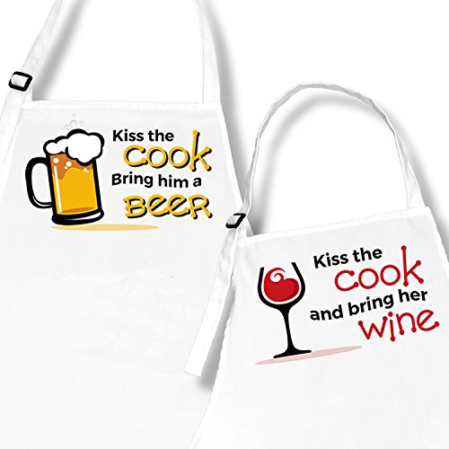 Kiss the Cook Bring Him a Beer Kiss the Cook and Bring Her Wine Aprons for Couples (Beer and Wine)
