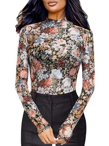 BemorRun Floral Mesh Long Sleeve Tops