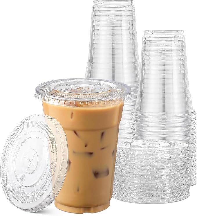 Photo 1 of 100 Pack - 16 oz Clear Plastic Cups with Lids, Sturdy & Food Safe Iced Coffee Cups with lids, Disposable Plastic Smoothie Cups for Cold Drinks,Flat Lids