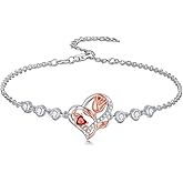 Wildari Mom Birthstone Charm Link Bracelet 925 Sterling Silver Rose Heart Mom Bracelet with 12 Months Birthstone Mother's Day Gift Jewelry Gifts for Women,Chain Length 7"+2" Extend