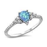 Blue Simulated Opal Polished Teardrop Cute Ring