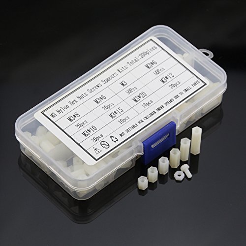 HKM 200 pieces M3 Nylon Male Female Hex Utility Spacer Standoff Screw Nut Assortment Mounting Hardware Kit, Prototyping Accessories Spacer Standoff Varied Length Assortment Box