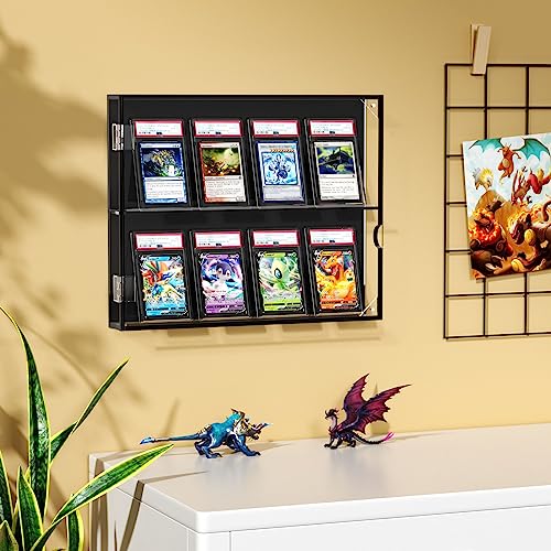 NIUBEE Acrylic Baseball Card Display Case, 8 Graded Card Display Frame Wall Mount with UV Protection Clear View, Sports Card Display Case with Magnetic Door for Football Basketball Hockey, Horizontal
