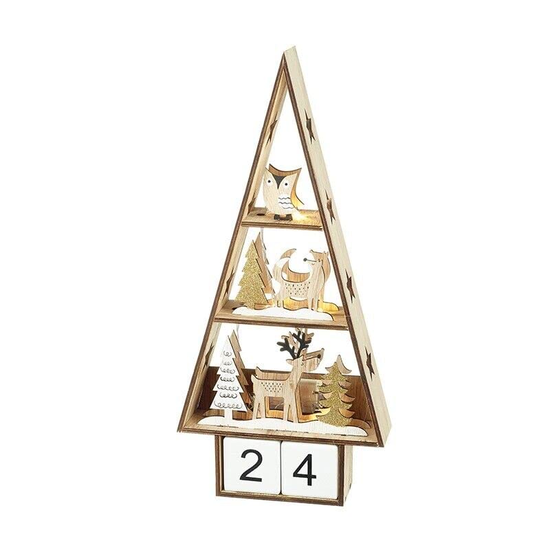 Wooden Reindeer Woodland Animals Children's LED Lights Advent Countdown Calendar