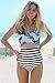 CUPSHE Women's Leaves Printing Stripe Halter One-Piece Padding Swimsuit with Cutout (L)