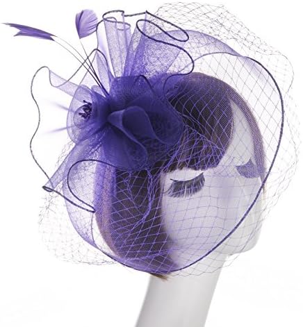 Fankeshi Women's Cocktail Sinamay Fascinator Hat Flower and Veil Hair Clip Hat Purple