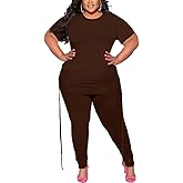 PINSV Women's Plus Size 2 Piece Outfits Sweatsuits Short Sleeve Jogger Sets Tracksuit