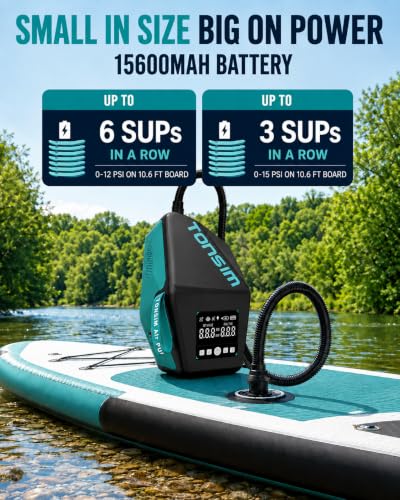 Tonsim Electric Paddle Board Pump Rechargeable 20 PSI, 15600mAh Cordless SUP Pump with 4 Modes, Dual-Stage Inflation & Deflation, Auto-Off, 12V DC Car Connector, LED Light, Black