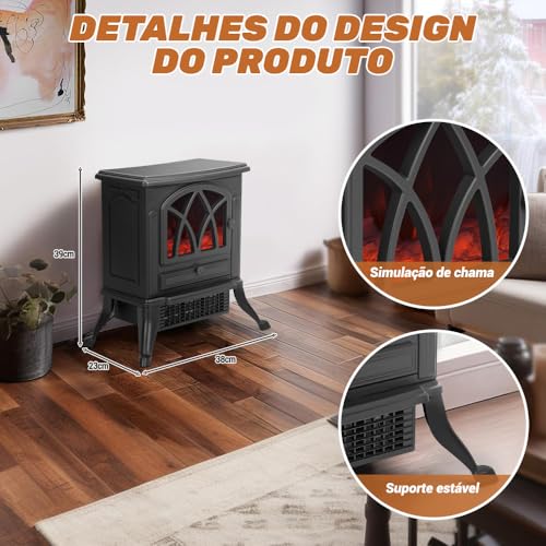 110V, 2000W, Design de Três Interruptores, Efeito de Vermelho de Chama 3D, Aquecedor Lareira Retrô, Aquecedor Eletrico Lareira