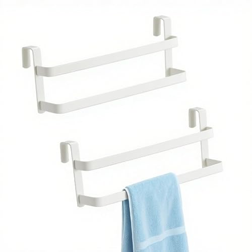 CHIKESI Double Layer Over Cabinet Towel Bar Holder, 2-Pack Stainless Steel Towel Bar for Hanging 2 Towels, Over The Door Towel Rack for Kitchen and Bathroom, Space-Saving Towel Hanger (White)