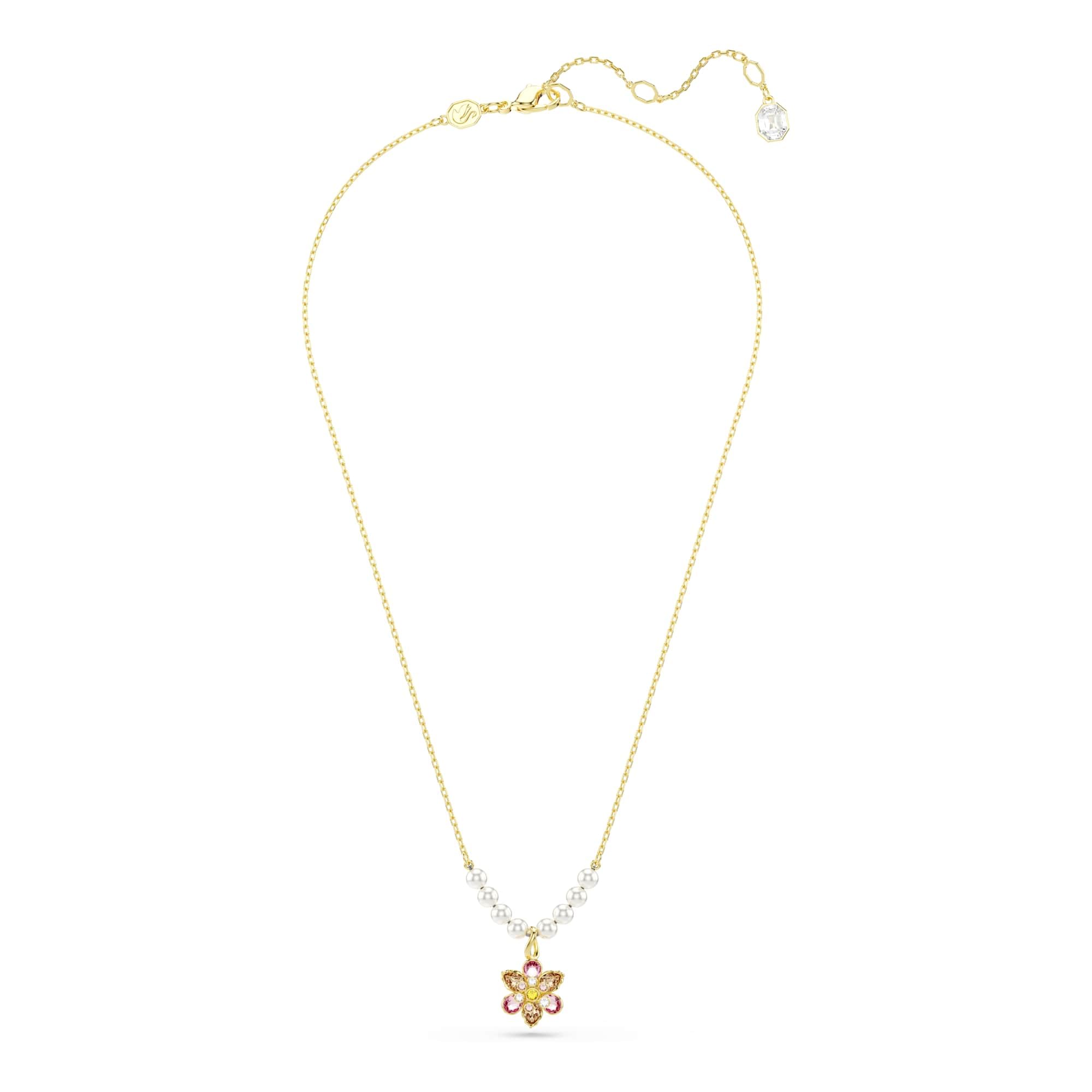 Swarovski Idyllia Pendant Necklace, Flower Motif with Multicoloured Mixed-Cut Crystals and Crystal Pearls in a Gold-Tone Finished Setting, Part of the Idyllia Collection