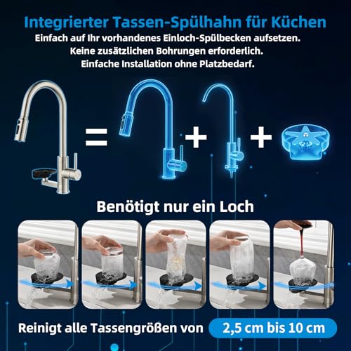 Mynaiad 3-Way Kitchen Tap with Removable Dual Outlet Water Filter, 360° Rotation, Kitchen Sink Tap, Kitchen Mixer, Brushed 304 Stainless Steel