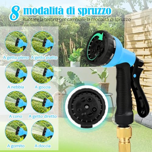 30M Extendable Flexible Garden Water Hose 8 Functions Spray Water Hose with 1/2" and 3/4" Brass Connector, Suitable for Car Wash, Garden, Lawn, Animal Baths (Blue)