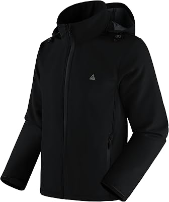 Veste Softshell Hommes Imperméable Coupe-vent Veste Hiver Manteau Doublée Polaire à Capuche Outdoor Blouson Mi Saison pour Randonnée Camping Travail Pêche Noir XL