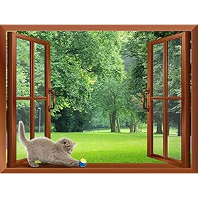 A Cat Playing with a Tennis Ball on The Windowsill | Removable Wall Sticker/Wall Mural - 24"x32"