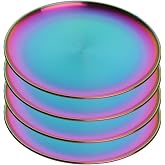 BISDARUN 4-Piece Stainless Steel Dinner Plates Dessert Salad Plates Set Indian,9.1 Inch Colorful Metal Platter for Camping, Unbreakable and Reusable Dishwasher Safe (Rainbow)