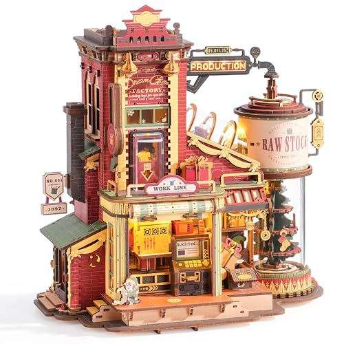 ROBOTIME 3D Holzpuzzle Geschenkfabrik Bausatz – Mechanisches Modell mit Musik & LED Licht, Retro Vintage Bastelset für Erwachsene & Jugendliche, EAB01