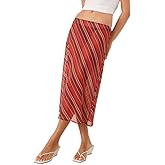 Juakoso Women Polka Dot Sheer Midi Skirt Sexy See Through Low Rise Long Skirt Flowy Mesh Cover Up Maxi Skirts Beachwear