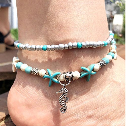 Anklet Dainty Beach Jewelry for Girls Multi-layer Charm Beads Boho Foot Starfish Turtle Gold Chain Bracelet for Women