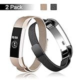 Fundro Compatible Fitbit Alta HR and Alta Bands, Stainless Steel Metal Milanese Bracelet Strap Replacement Wristband Magnetic Lock for Fitbit Alta Women Men (2-Pack Champagne+Black, Small)