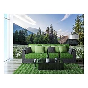 Wood Hut with Flowers Surrounded with Beautiful Nature Scenery - Removable Wall Mural | Self-Adhesive Large Wallpaper - 66x96 inches