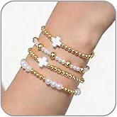BOOZIQ Gold Beads Bracelets for Women Stackable Cross Bracelets Gold Pearl Cross Beaded Stretch Bracelet Boho Prom Jewelry Costume Accessories Fashion Jewelry Gift for Women