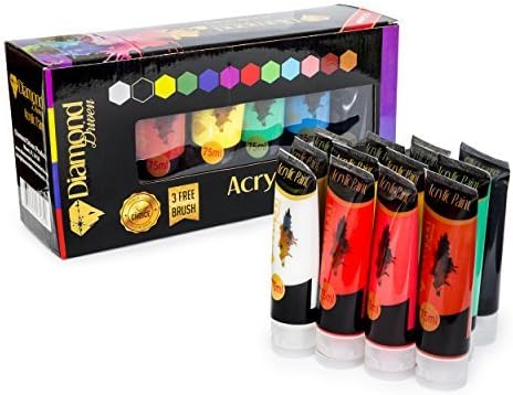 Acrylic Paint Set - 12 Extra Large 75ml Tubes, Ultimate Set for Paint Night, Wood, Clay, Ceramic, Terra Cotta - Free 3 Brushes, Great for Beginners, Students & Professional Artist by Diamond Driven