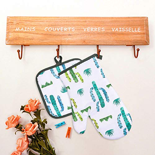 AhlsenL Heat Resistant Oven Mitts + 2 Cotton Pot Holders Non Slip Oven Gloves for Kitchen Cooking Baking, BBQ, Grilling Machine Washable(Cactus) - Thumbnail 2